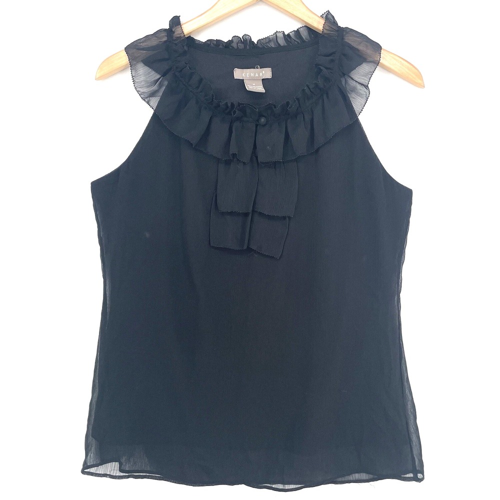 KENAR Dressy‎ Black Silk Ruffled Tank Top Blouse Women's Size Medium Lightweight